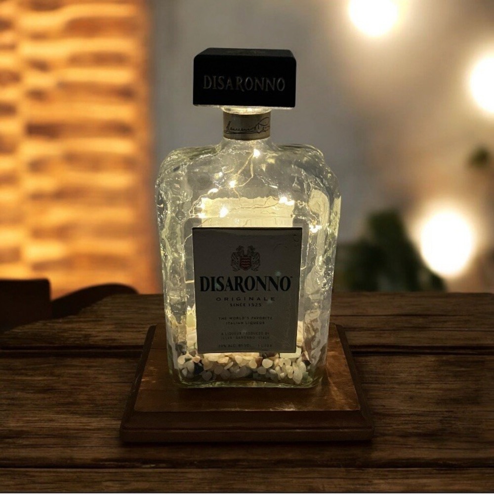 Disaronno Originale 1L Bottle Light Handcrafted Wood Base Fairy Lights Bar Decor